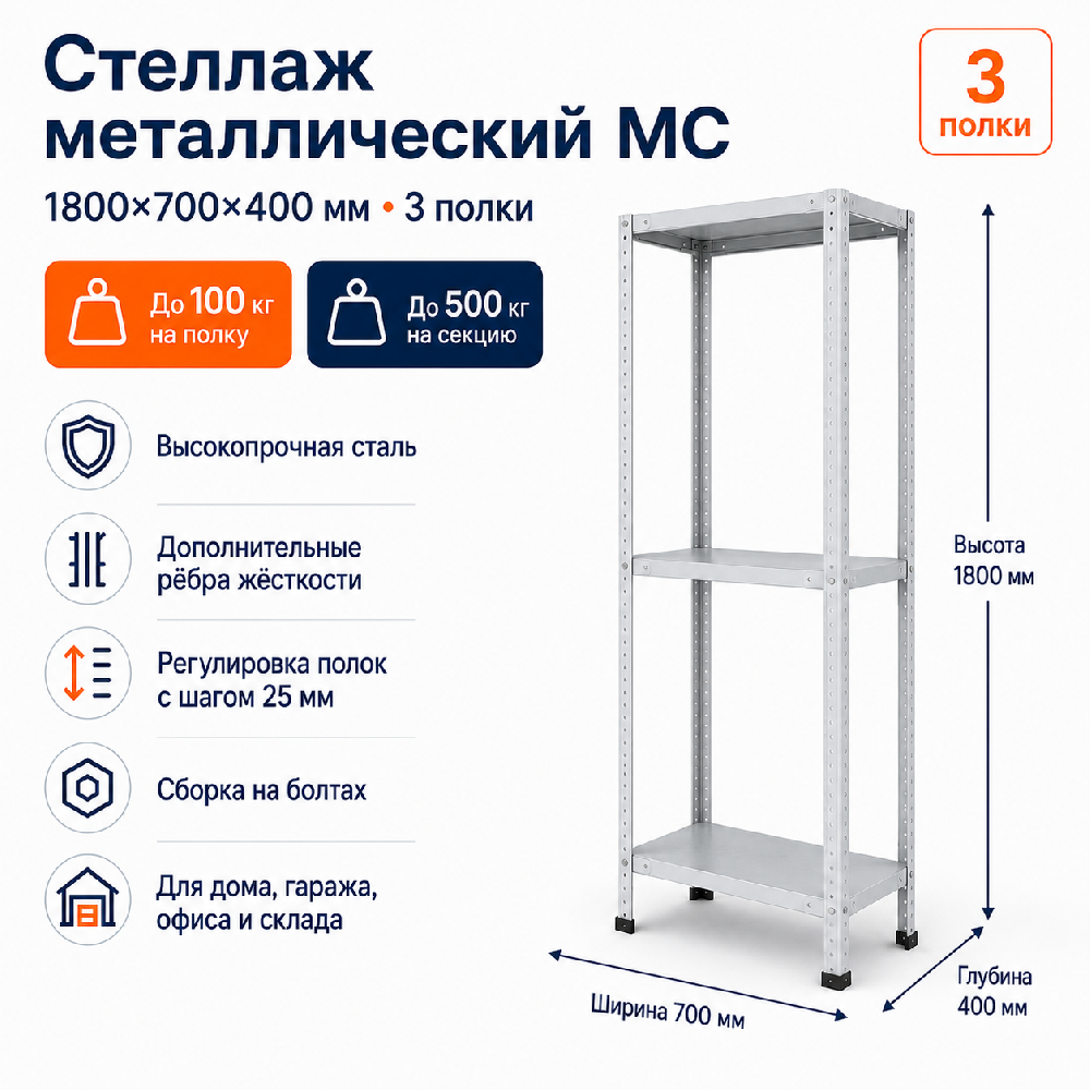 Стеллаж для дома MC-100 1800*700*400 (3 полки)