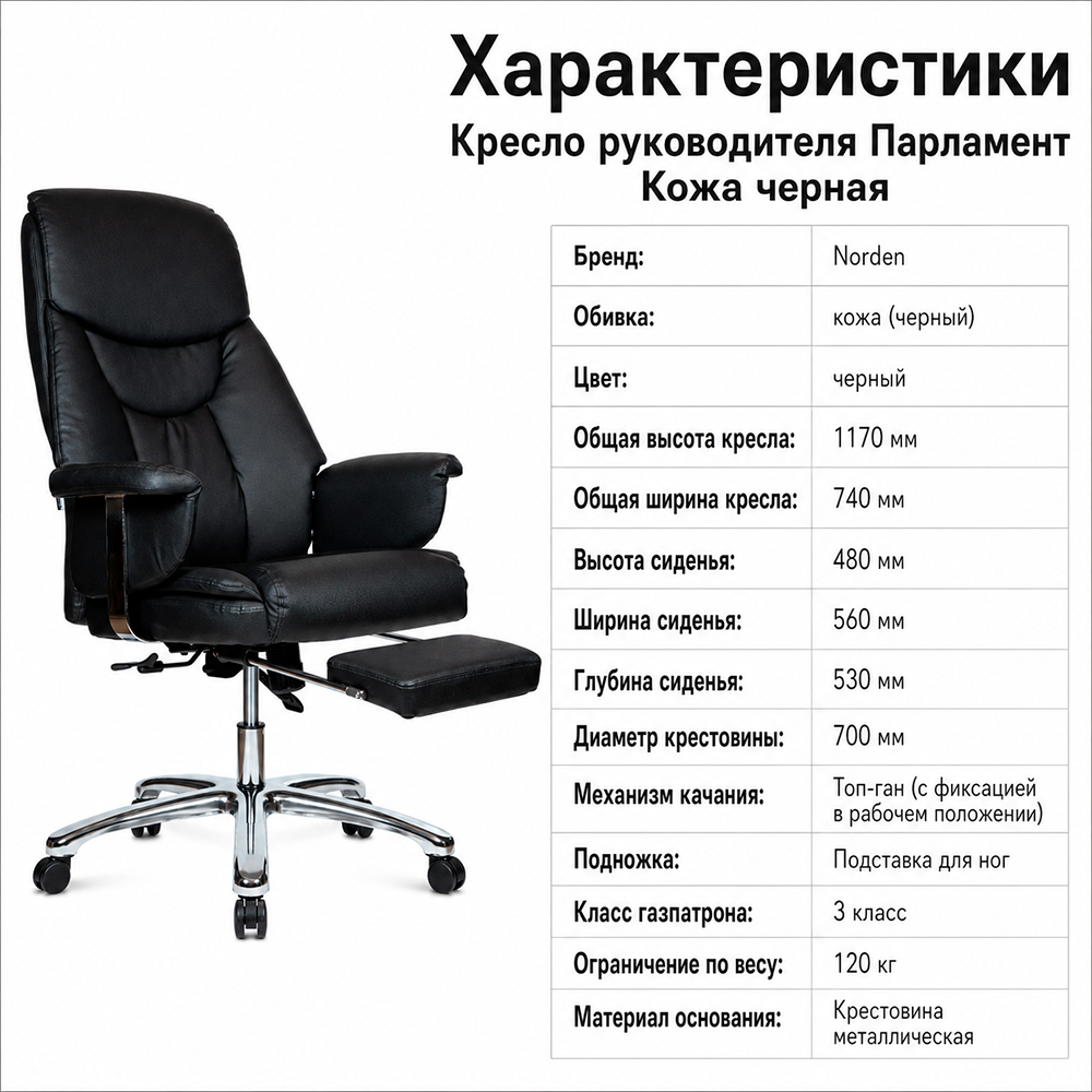 Кресло руководителя Парламент кожа черная