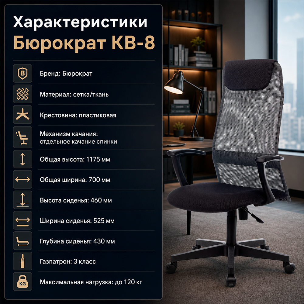 Кресло офисное Бюрократ KB-8 темно-серый TW-04 TW-12 сетка/ткань с подголов. крестов. пластик