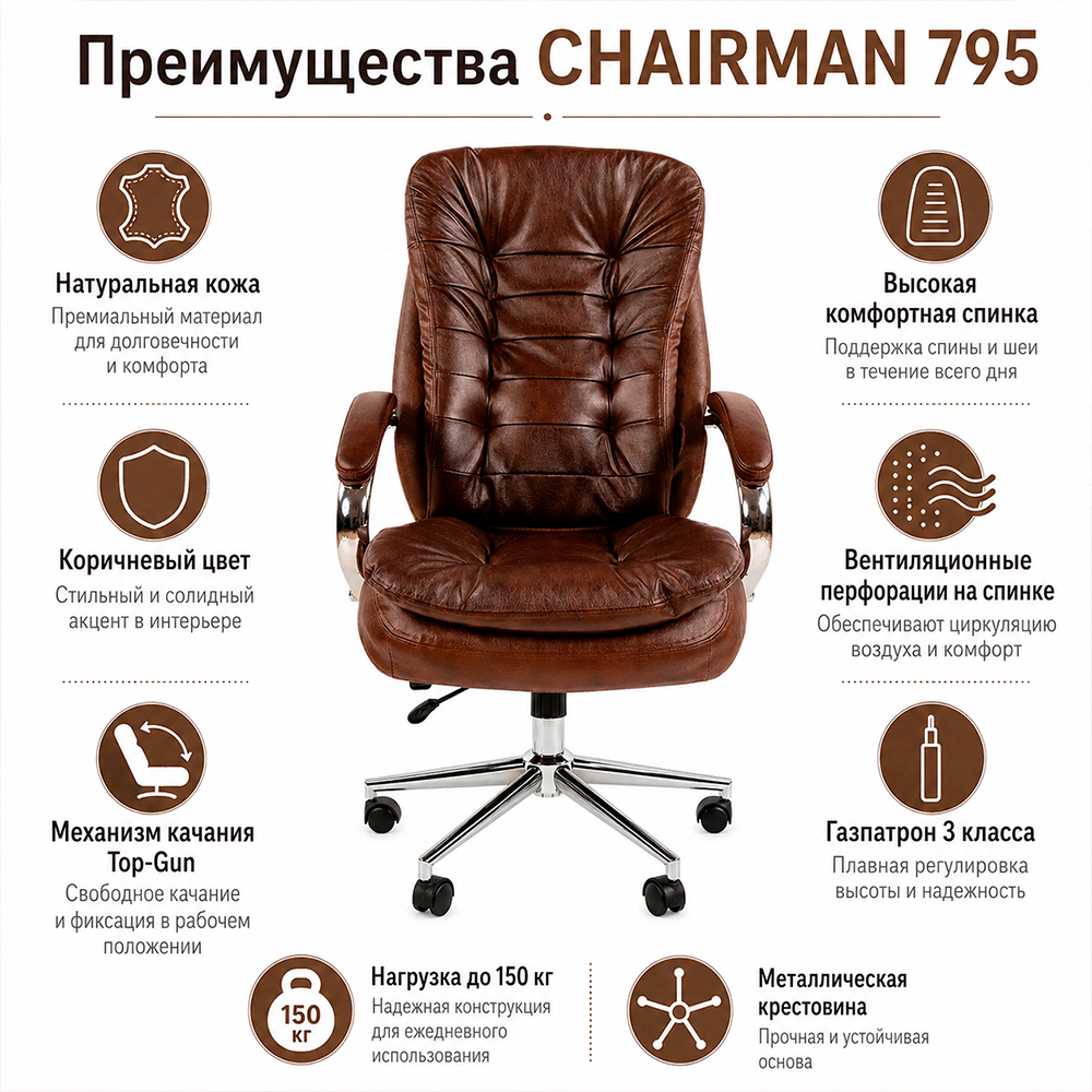 Кресло руководителя CHAIRMAN 795 кожа коричневая