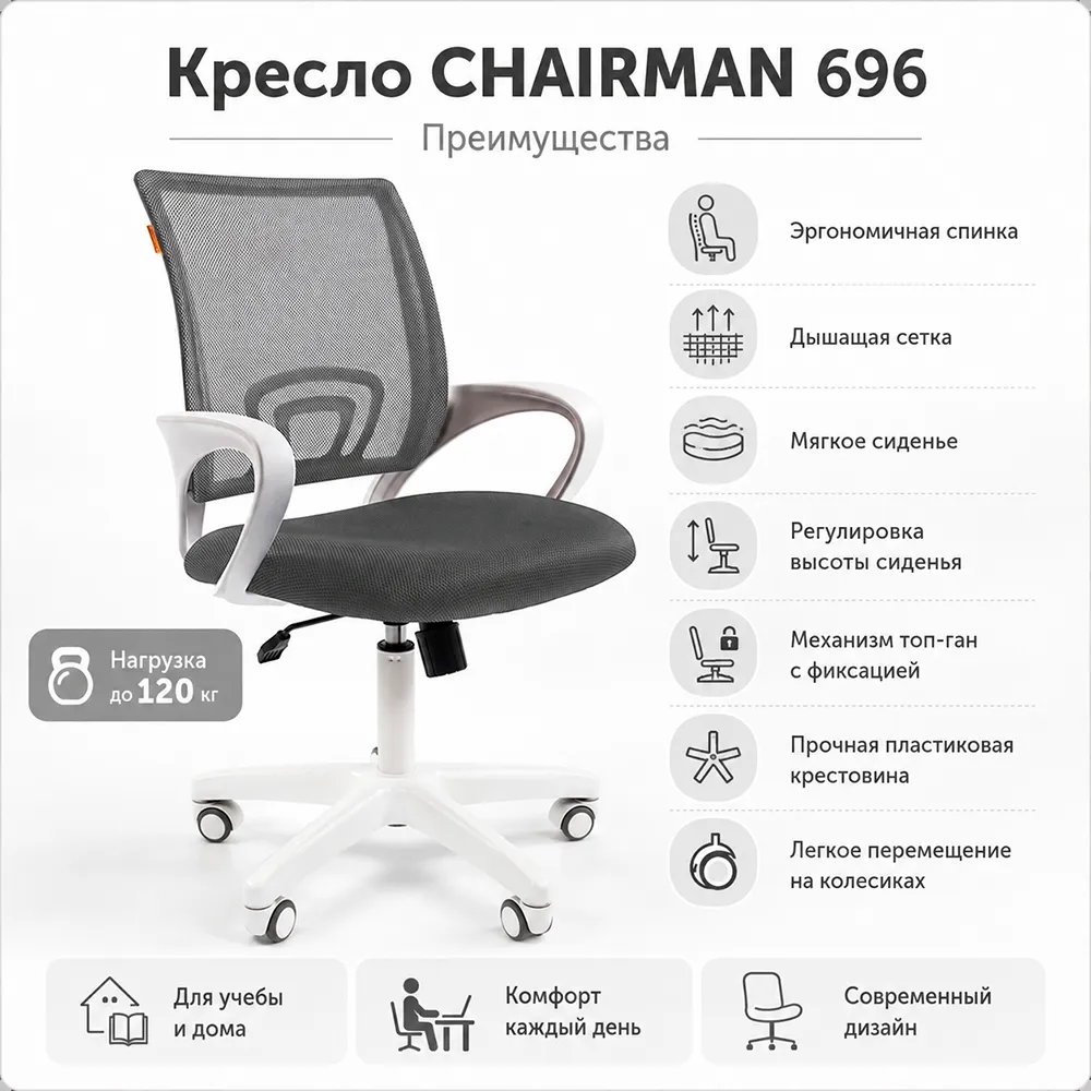 Кресло детское CHAIRMAN 696 white TW-04 серый