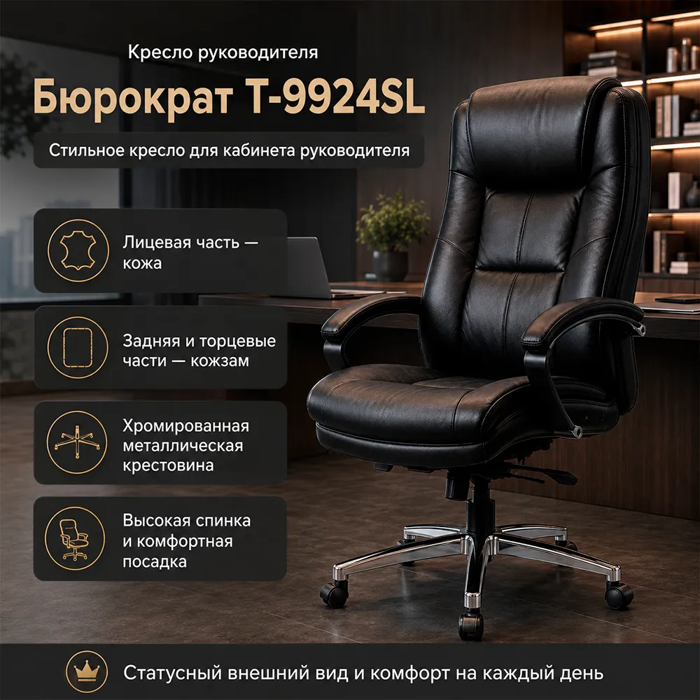 Кресло руководителя Бюрократ T-9924SL черный кожа крестов. металл хром
