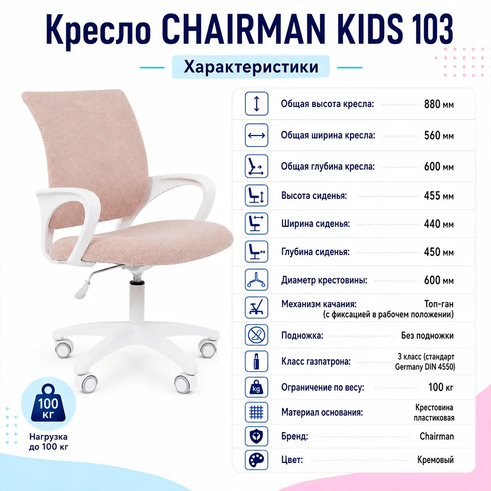 Кресло CHAIRMAN KIDS 103 ткань В зефир, белый пластик LT