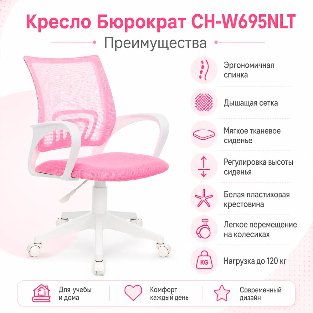 Кресло детское Бюрократ CH-W695NLT розовый TW-06A TW-13A сетка/ткань крестов. пластик пластик белый