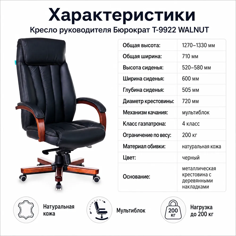 Кресло руководителя Бюрократ T-9922 WALNUT черный кожа крестов. металл/дерево
