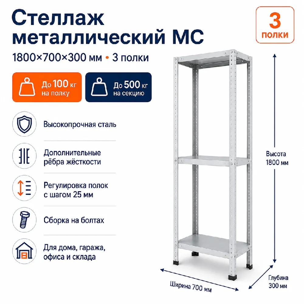 Стеллаж для дома MC-100 1800*700*300 (3 полки)