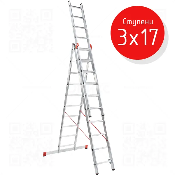 Лестница трехсекционная 3x17 ступеней усиленная, NV3231, 11,26м. алюминиевая