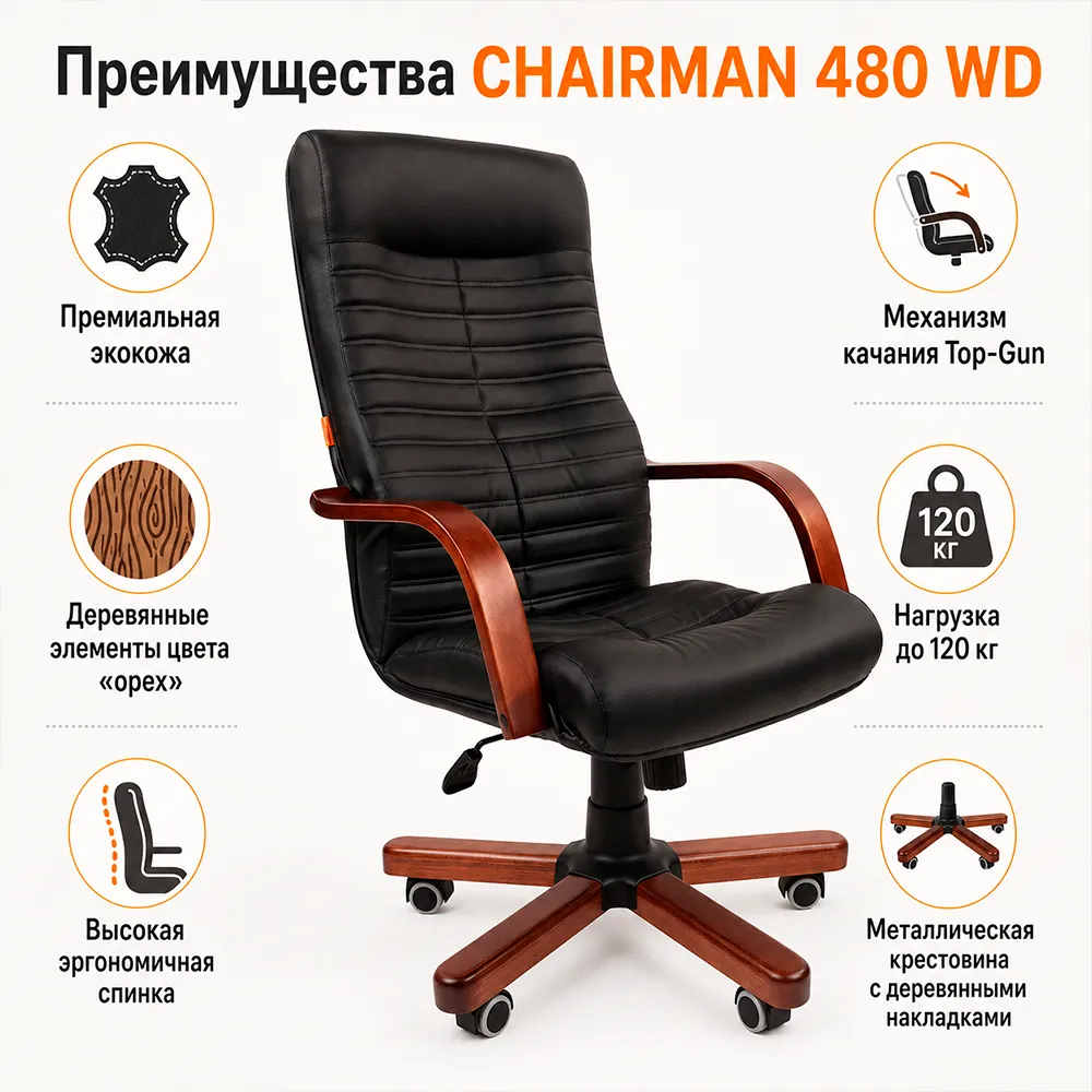 Кресло руководителя CHAIRMAN 480 WD орех подлокотники + крестовина, экокожа премиум черная