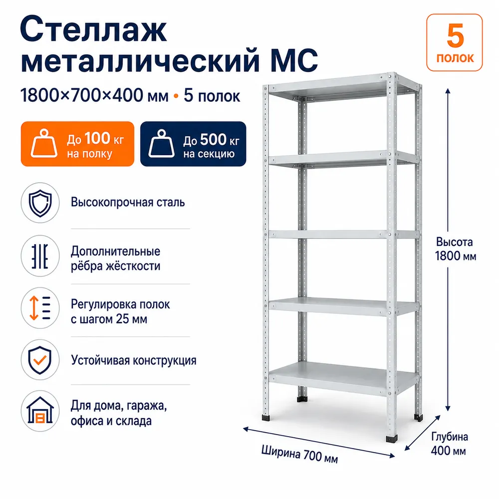 Стеллаж для дома MC-100 1800*700*400 (5 полок)