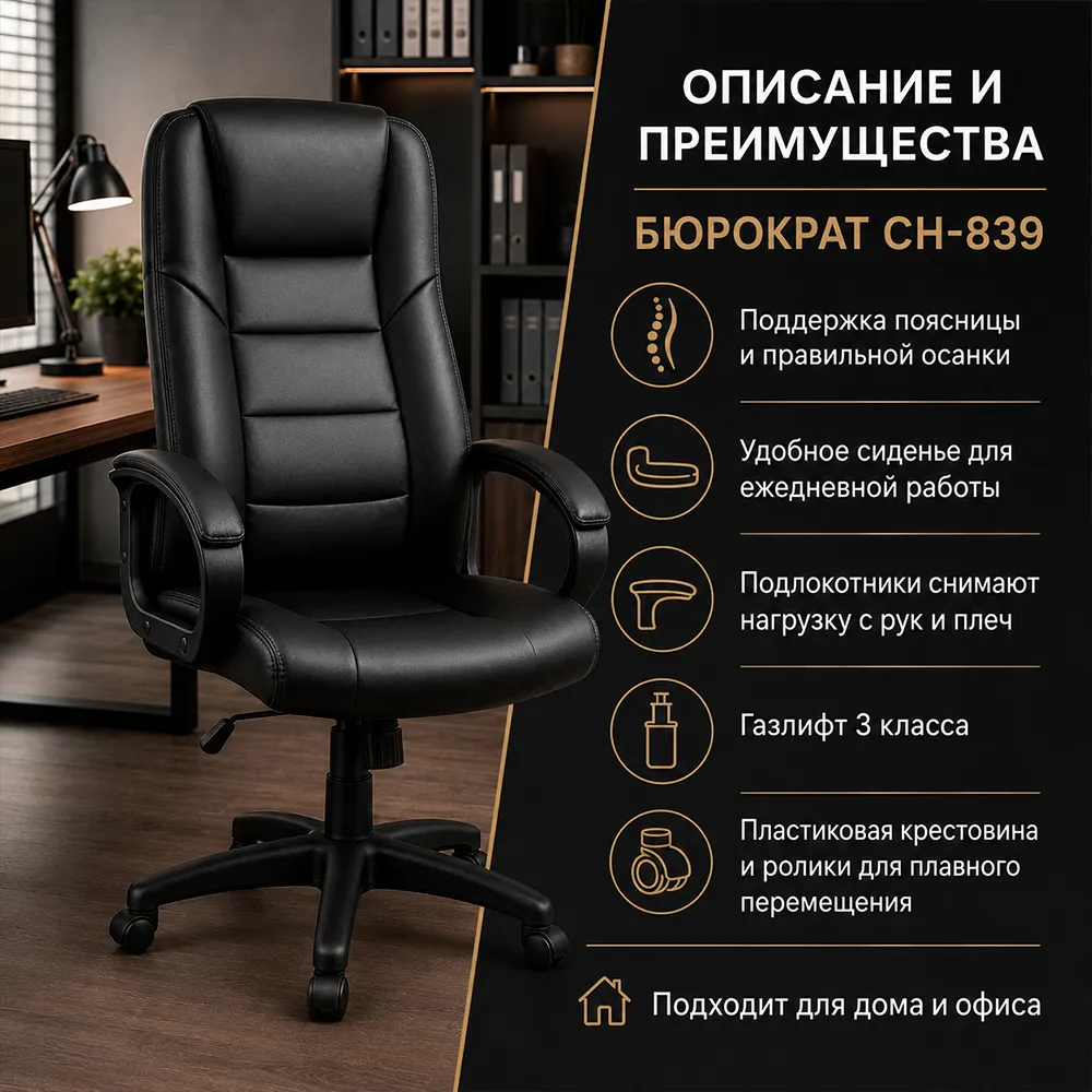 Кресло компьютерное Бюрократ CH-839 черный Leather Black экокожа крестов. пластик