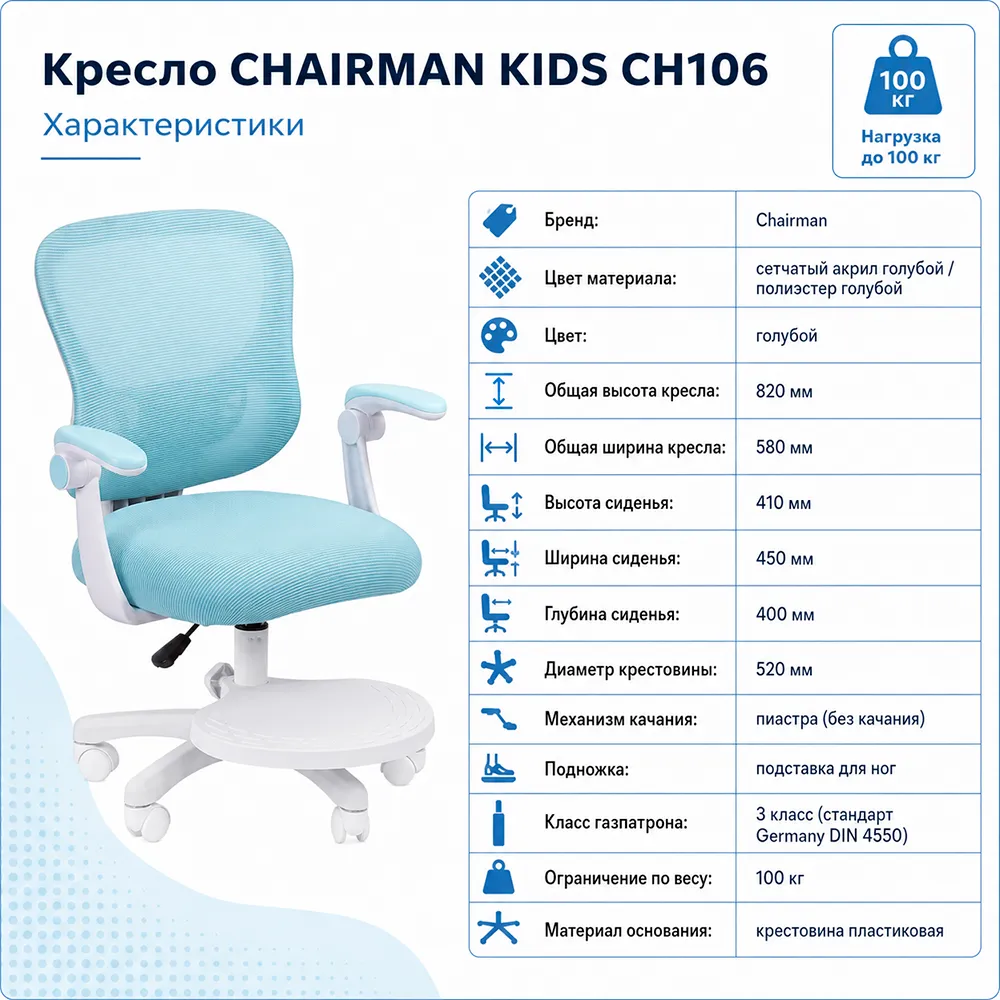 Кресло CHAIRMAN KIDS CH106 с подставкой Сетчатый акрил голубой / Полиэстер голубой 