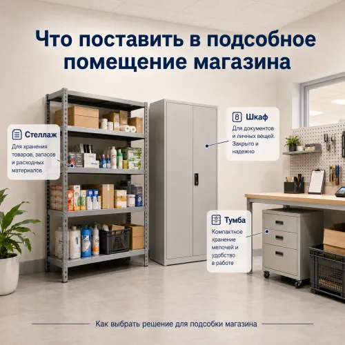 Что поставить в подсобку магазина: стеллаж, шкаф или тумбу | Оникс
