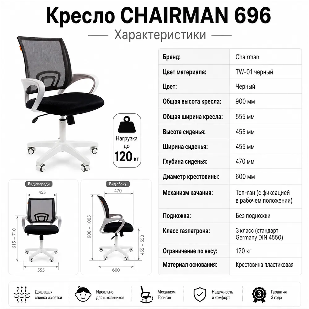 Кресло детское CHAIRMAN 696 white TW-01 черный