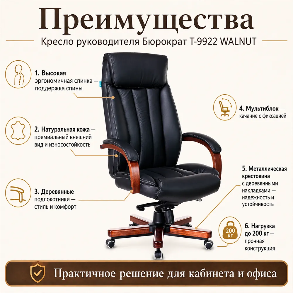 Кресло руководителя Бюрократ T-9922 WALNUT черный кожа крестов. металл/дерево